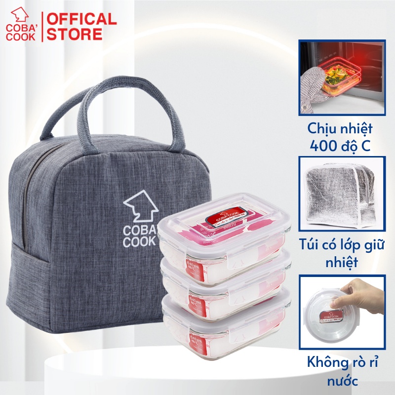 Bộ 3 Hộp Cơm Thủy Tinh COBACOOK Chịu Nhiệt Chữ Nhật 640ml Và Túi Giữ Nhiệt- CCL63BB