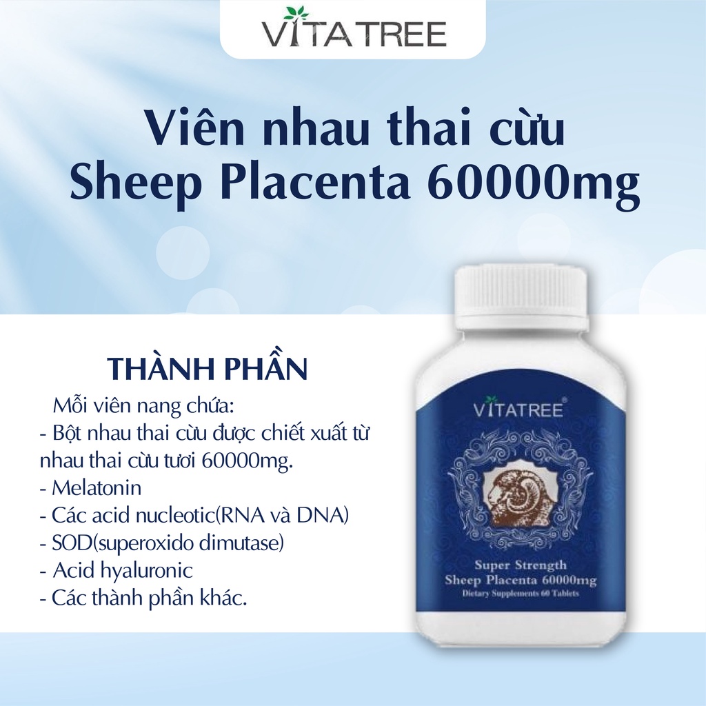Nhau thai cừu Vitatree Super Strength Sheep Placenta 60000mg 120 viên giúp đẹp da, chống lão hoá