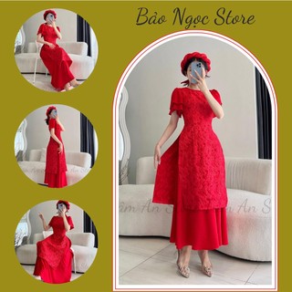 Set Áo Dài Gấm Đỏ, Áo Dài Tết Tay Cánh Tiên Tầng Kèm Chân Váy Xòe Chất Lụa Cao Cấp Đủ Size.