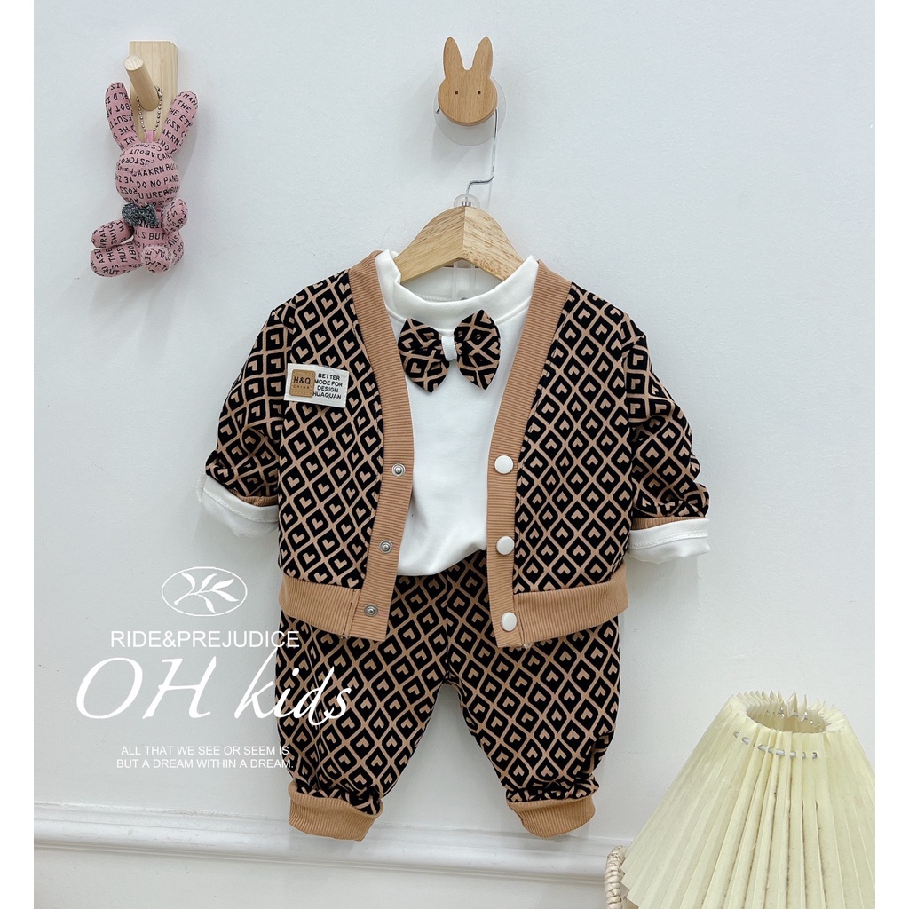 THANH LÝ - Set công tử 3 chi tiết phối nơ chất liệu da mỏng siêu đẹp cho bé 8-20kg