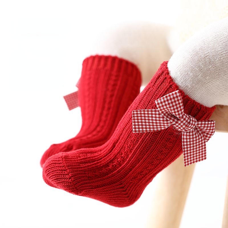 Vớ Cotton Cổ Cao Màu Đỏ Đính Nơ Thời Trang Giáng Sinh Năm Mới Cho Bé Gái Sơ Sinh