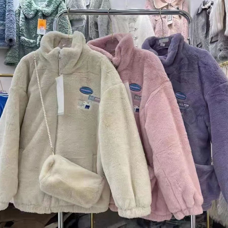 Áo khoác lông cừu, Set áo lông nữ kèm túi in logo mác xanh, Lông cừu mùa đông nữ dày dặn mẫu mới nhất 2022