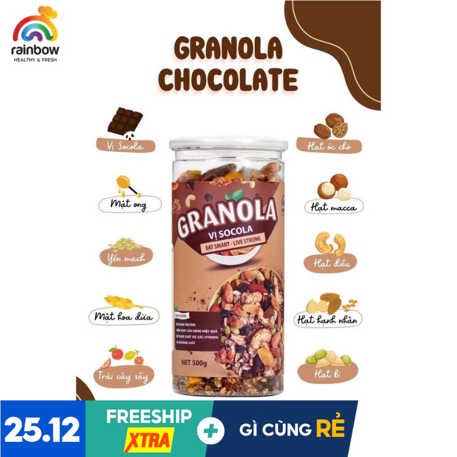 Granola Chocolate Siêu Hạt RAINBOW Ngũ Cốc Dinh Dưỡng Mix 5 Loại Và Trái Cây Sấy Thơm Ngon Hỗ Trợ Ăn Kiêng
