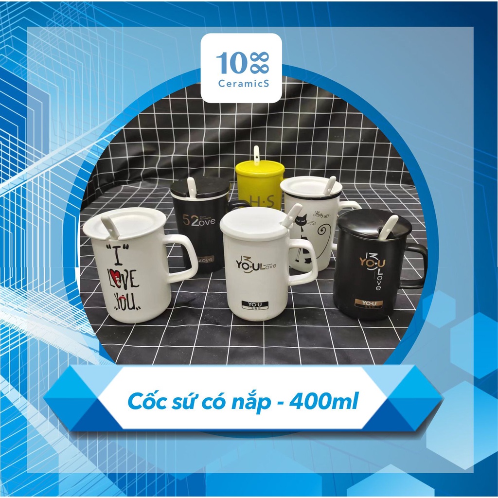 Cốc sứ có nắp sứ 400ml - tặng kèm thìa sứ (nắp đậy sứ ngẫu nhiên)