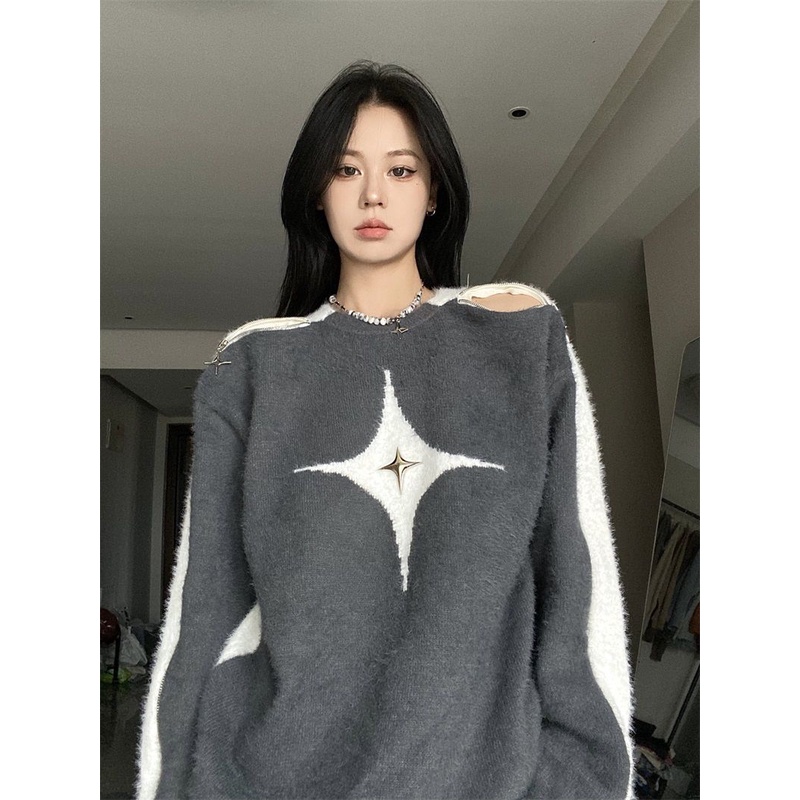 Y2k Áo Sweater Tay Dài Màu Tương Phản Phong Cách Mỹ Thiết Kế Ngôi Sao Nóng Bỏng Một Vai Không Dây Mùa Thuần Khiết