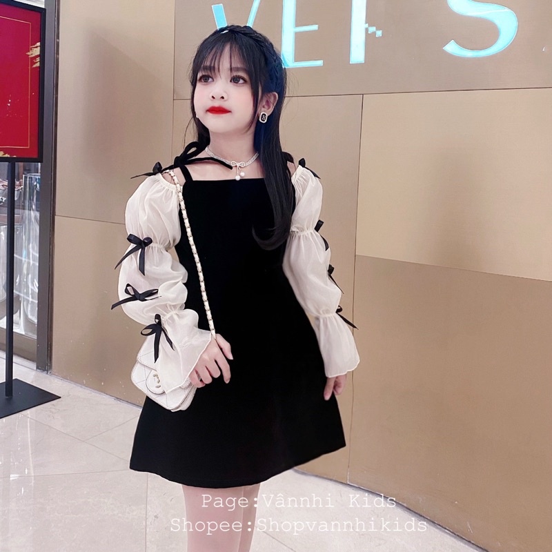 Váy nhung tay nơ cho bé diện Tết 16kg-40kg