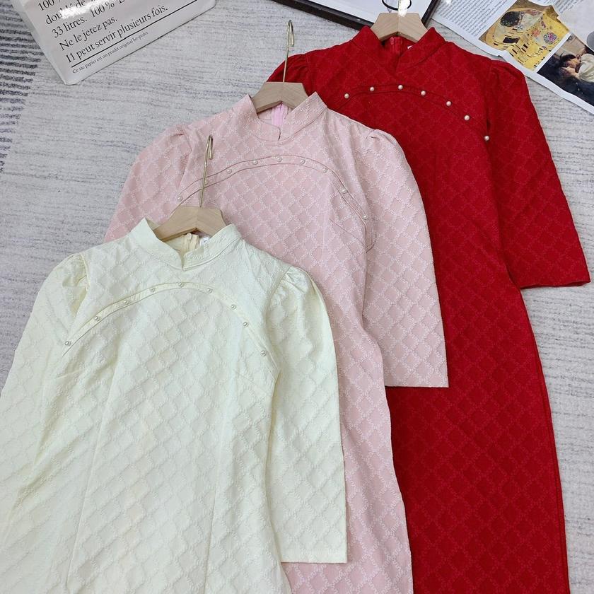 Set áo dài cách tân vân nổi cổ tàu