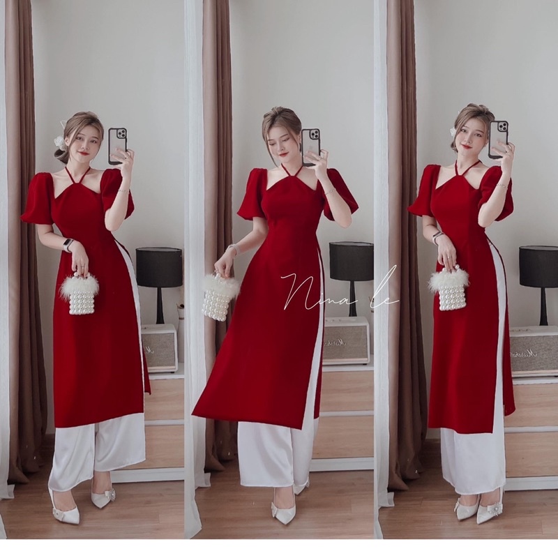 [3012] Set Áo Dài Nhung Đỏ Cổ Yếm Tay Phồng Mix Quần Lụa Trắng Có Ảnh Thật