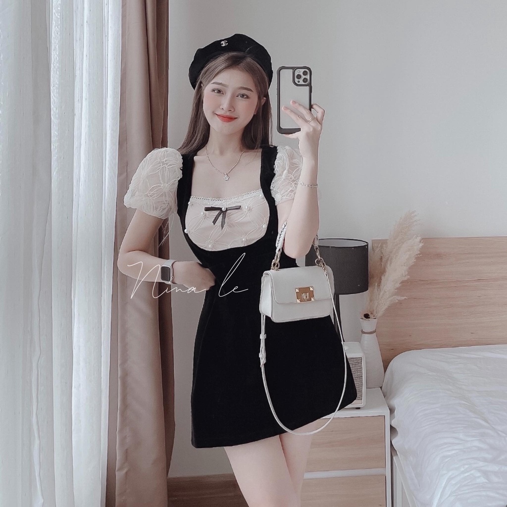 [L2M] Đầm NHUNG 2 màu phối REN KÈM NƠ NHỎ tay phồng dáng chữ A xinh xắn