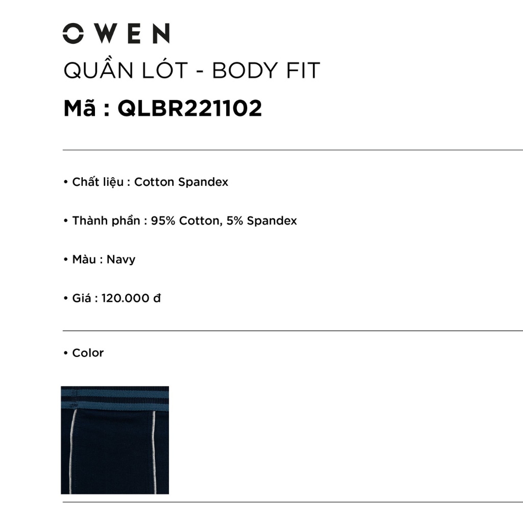 Quần lót boxer OWEN QLBR221102 xì nam kiểu sịp đùi body fit màu navy trơn vải cotton cao cấp mềm mại thoáng mát dễ chịu