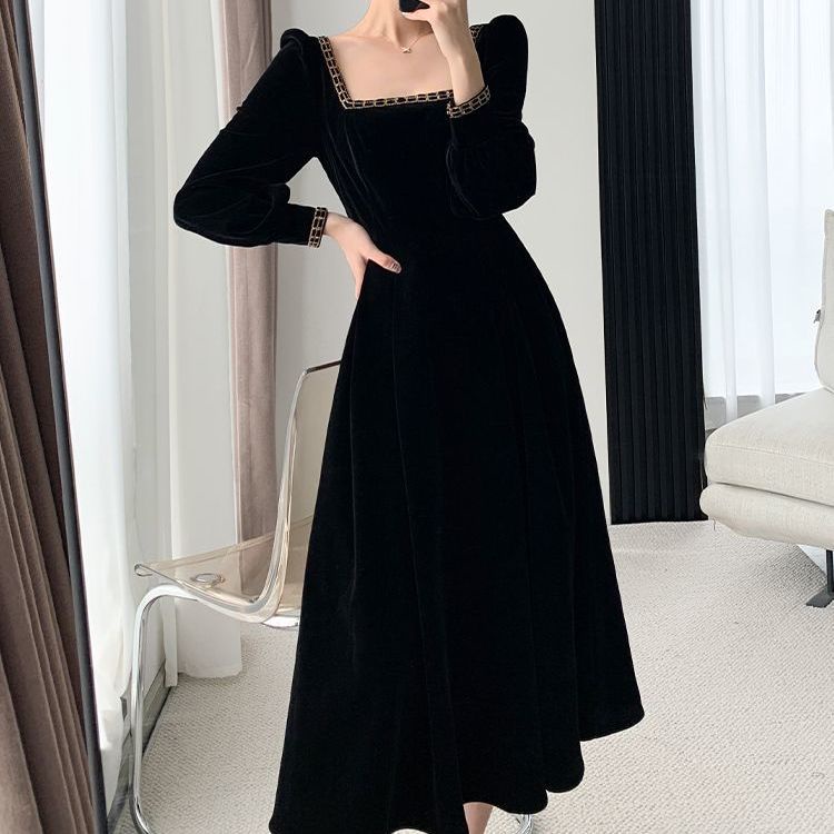 🎀đâm babydoll váy babydoll váy dài Đầm Nhung Đen Dáng Dài Cỡ Lớn Thời Trang Thu Đông Sang Trọng Cho Nữ