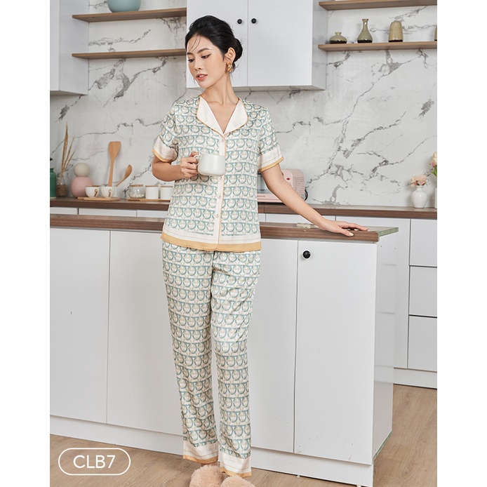 Bộ Pyjama satin ZAM Luxury - CLB7 - áo ngắn tay quần dài hoạ tiết