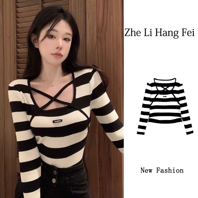 ZHELIHANGFEI Áo Dệt Kim Tay Dài Cổ Vuông Dáng Ôm Gợi Cảm Dành Cho Nữ