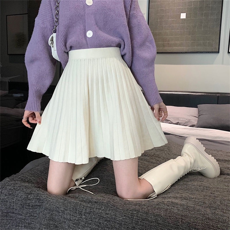 Chân váy Len Ngắn Xếp ly Dáng chữ A Lưng cao Màu trơn Ulzzang Hàn Quốc Chân váy Len Ngắn Cạp cao Thu Đông