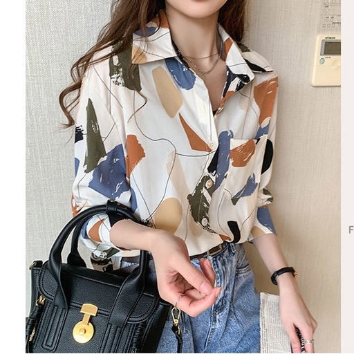 ZHELIHANGFEI Áo Sơ Mi Tay Dài Dáng Rộng In Họa Tiết Độc Đáo Thời Trang Mùa Thu Cho Nữ