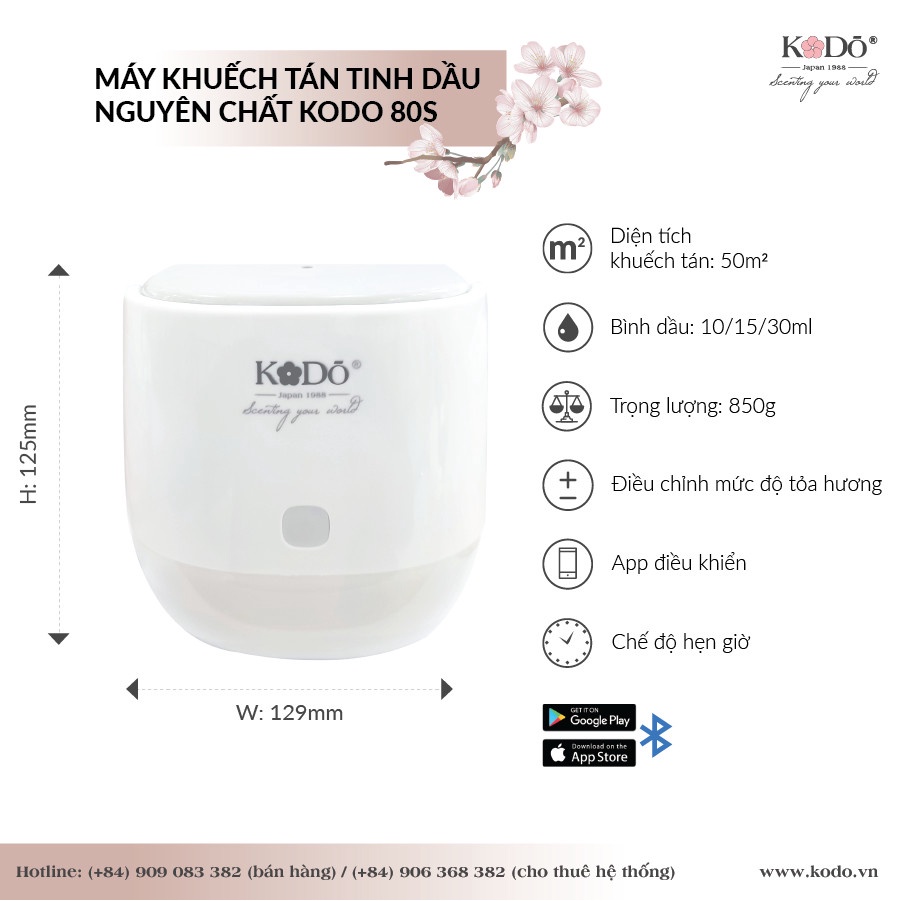 KODO 80s - Máy khuếch tán tinh dầu 50m2 (bình dầu 10/15/30ml), không pha nước