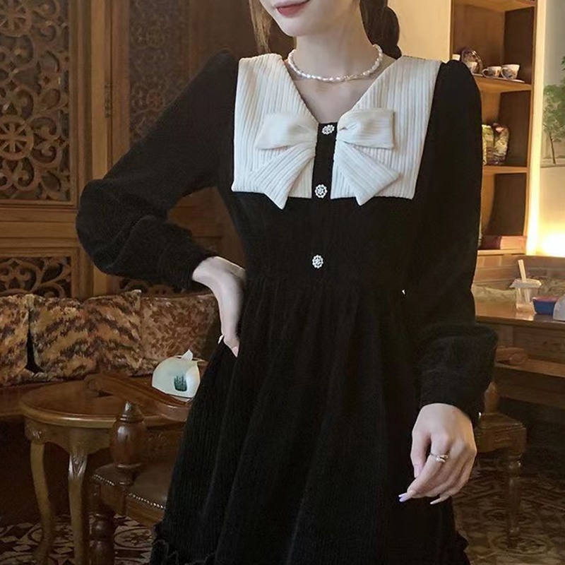 IELGY IELGY Đầm Đen Thắt Nơ Phong Cách Pháp Cổ Điển Cho Nữ