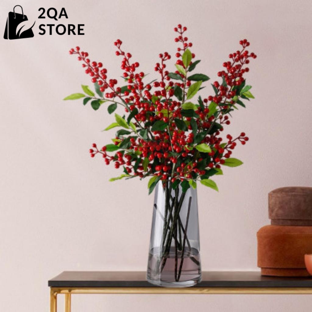 Cành đào đông đỏ giả có lá cao 70cm dùng trang trí mang lại sự may mắn tài lộc cho gia chủ