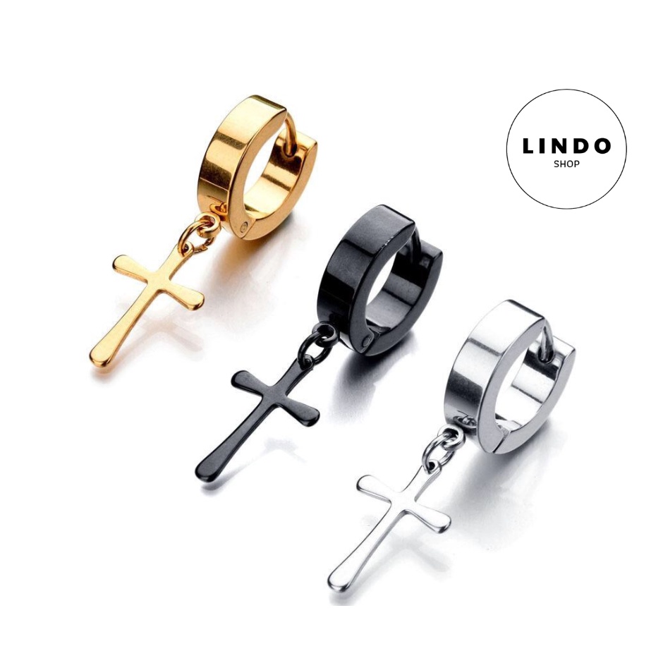 Khuyên tai nam nữ inox chữ thập phong cách Hàn Quốc LINDO Titan không đen, không gỉ (1 Chiếc) thích hợp đeo nhiều dịp