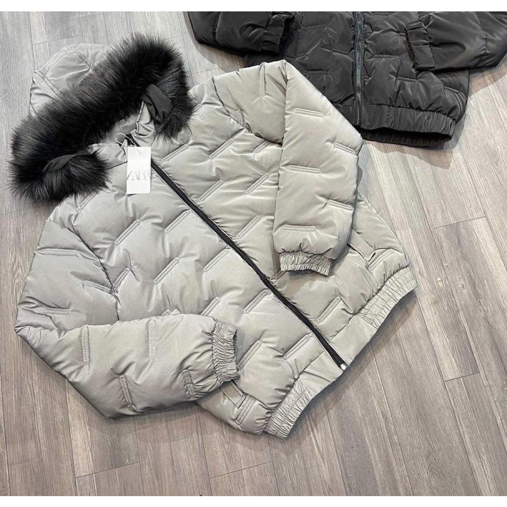 Áo phao trần bông cổ lông siêu ấm 2 màu đen ghi xám 2022