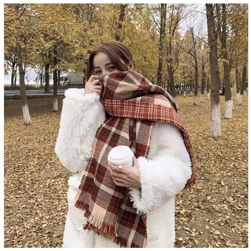 Khăn quàng cổ dạ kẻ phong cách vintage Hàn Quốc
