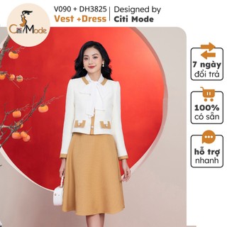 Set áo đầm công sở CITI MODE FASHION thiết kế dáng xoè tay voan phối cổ nơ V090 + DH3825