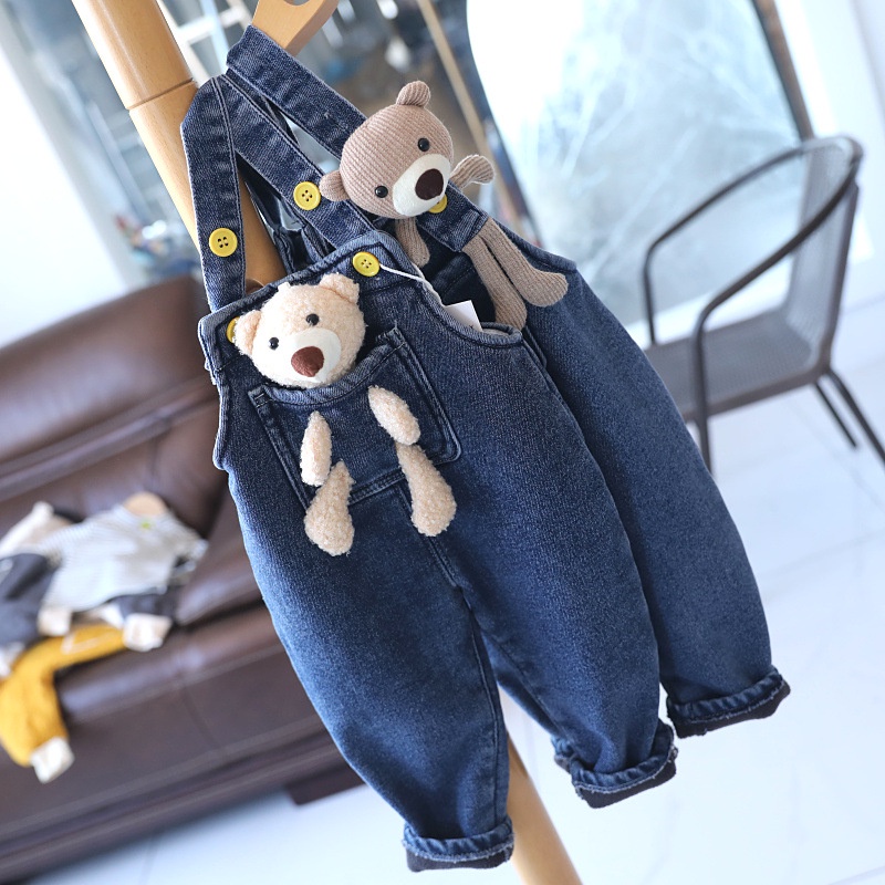 Quần Yếm Denim Lót Lông Cừu Dày Dặn Hình Gấu Búp Bê Thời Trang Thu Đông Cho Trẻ Em