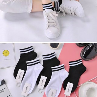 5 đôi tất thể thao nữ cổ ngắn màu trắng, tất nữ sọc kẻ