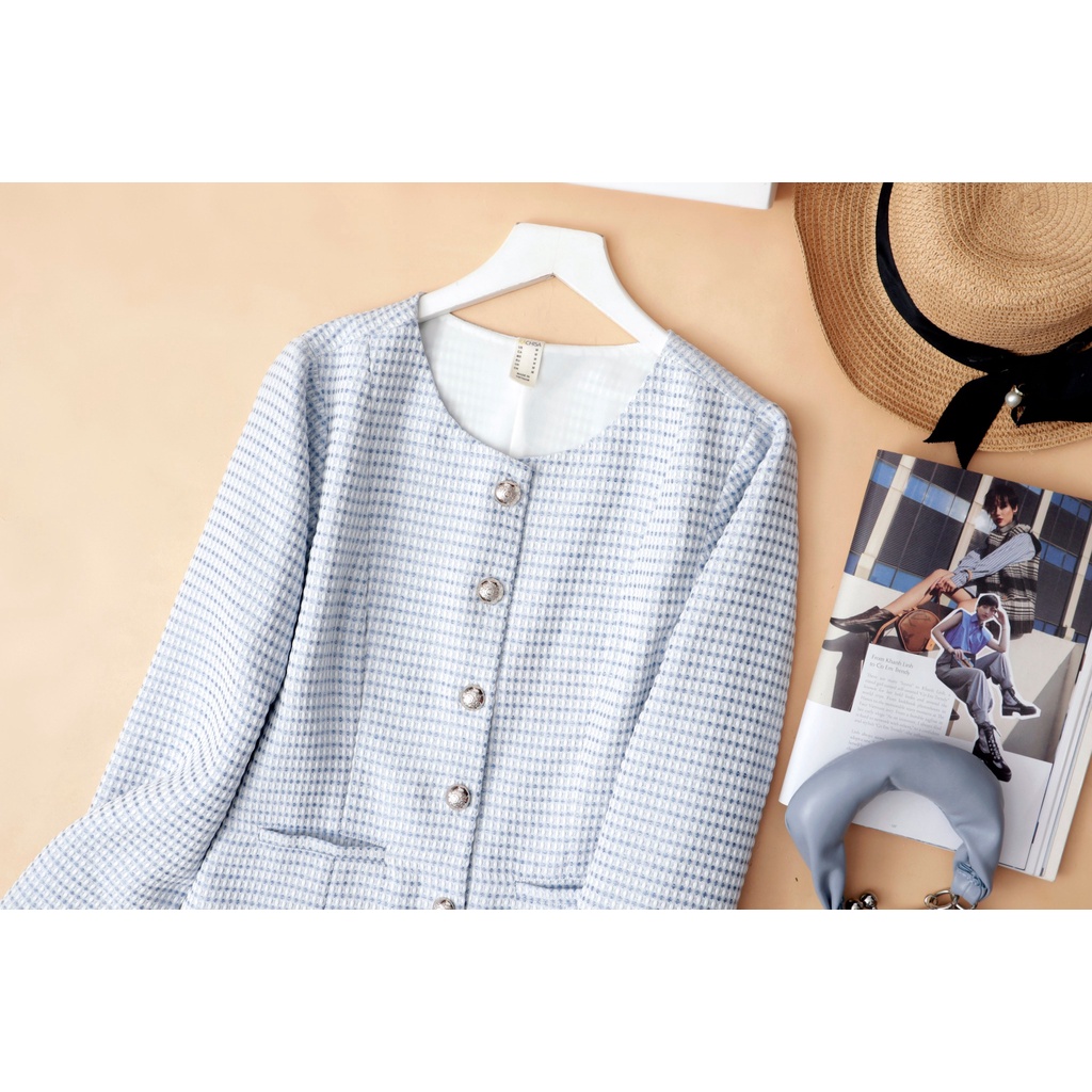 Áo khoác dạ bố KACHISA vân hạt màu xanh, hồng - Thời trang KACHISA 724JIT