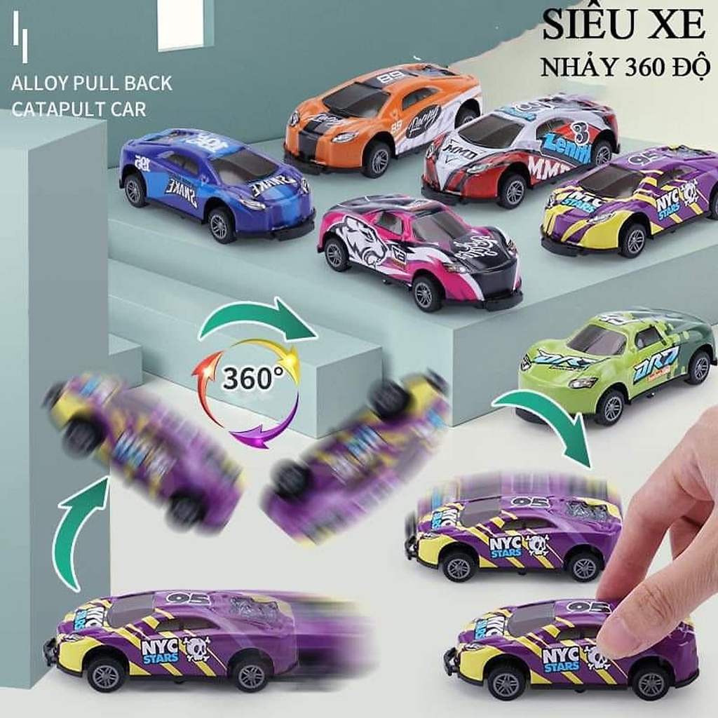 Hộp 8 xe oto đồ chơi bật nhảy xoay 360 độ, xe ô tô chạy đà cho bé trai