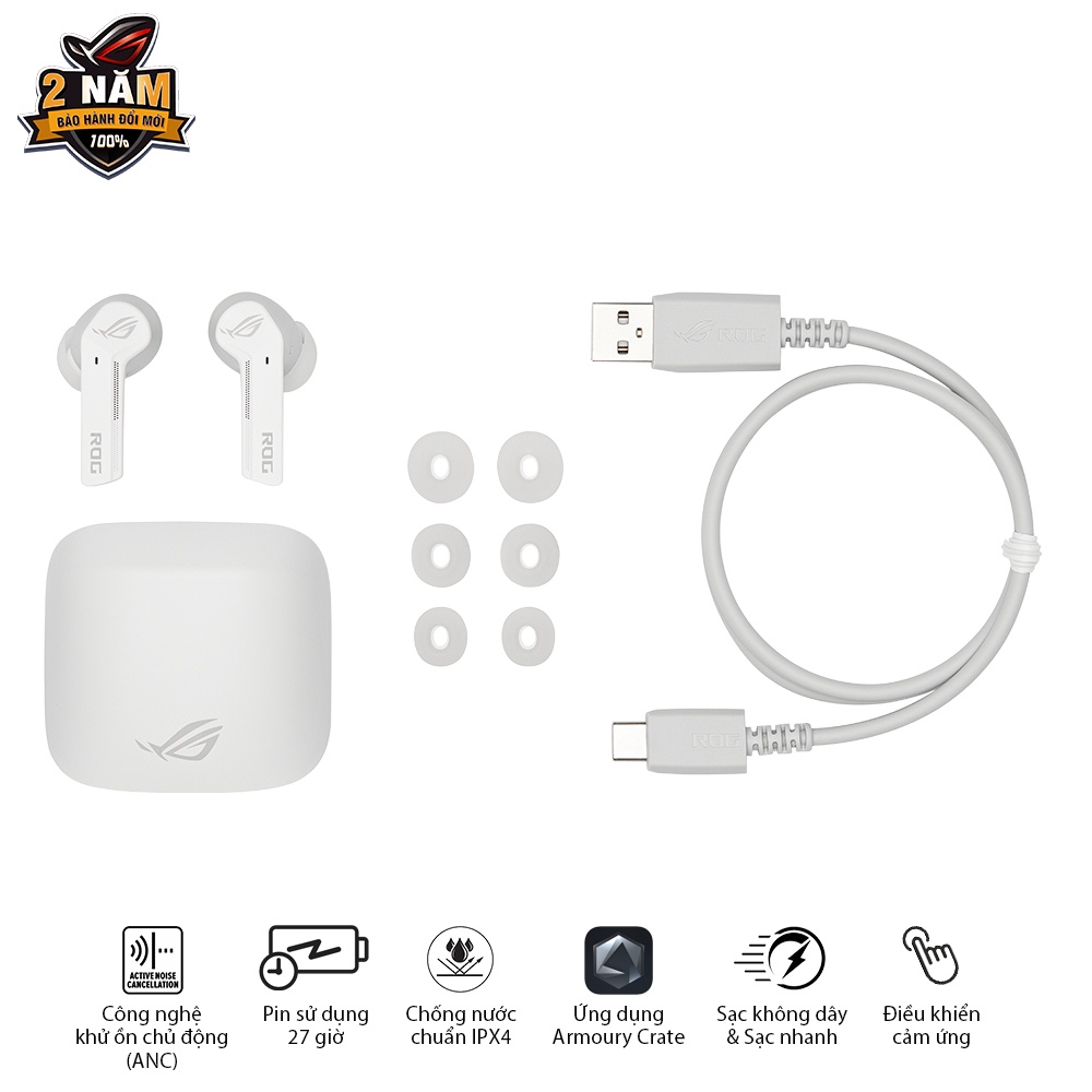 Tai nghe chơi game in-ear không dây ASUS ROG Cetra True Moonlight White Khử ồn chủ động (ANC), Pin 27h, Sạc nhanh