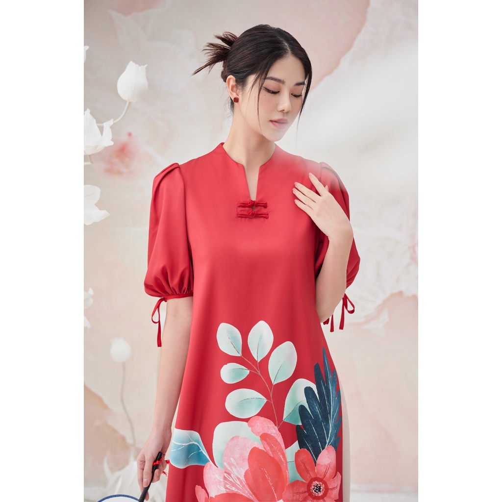Set Áo Dài Tết Myan Thiết Kế Tay Lỡ Họa Tiết In Hoa Lá Phối Nơ Tay Màu Đỏ Svn122204