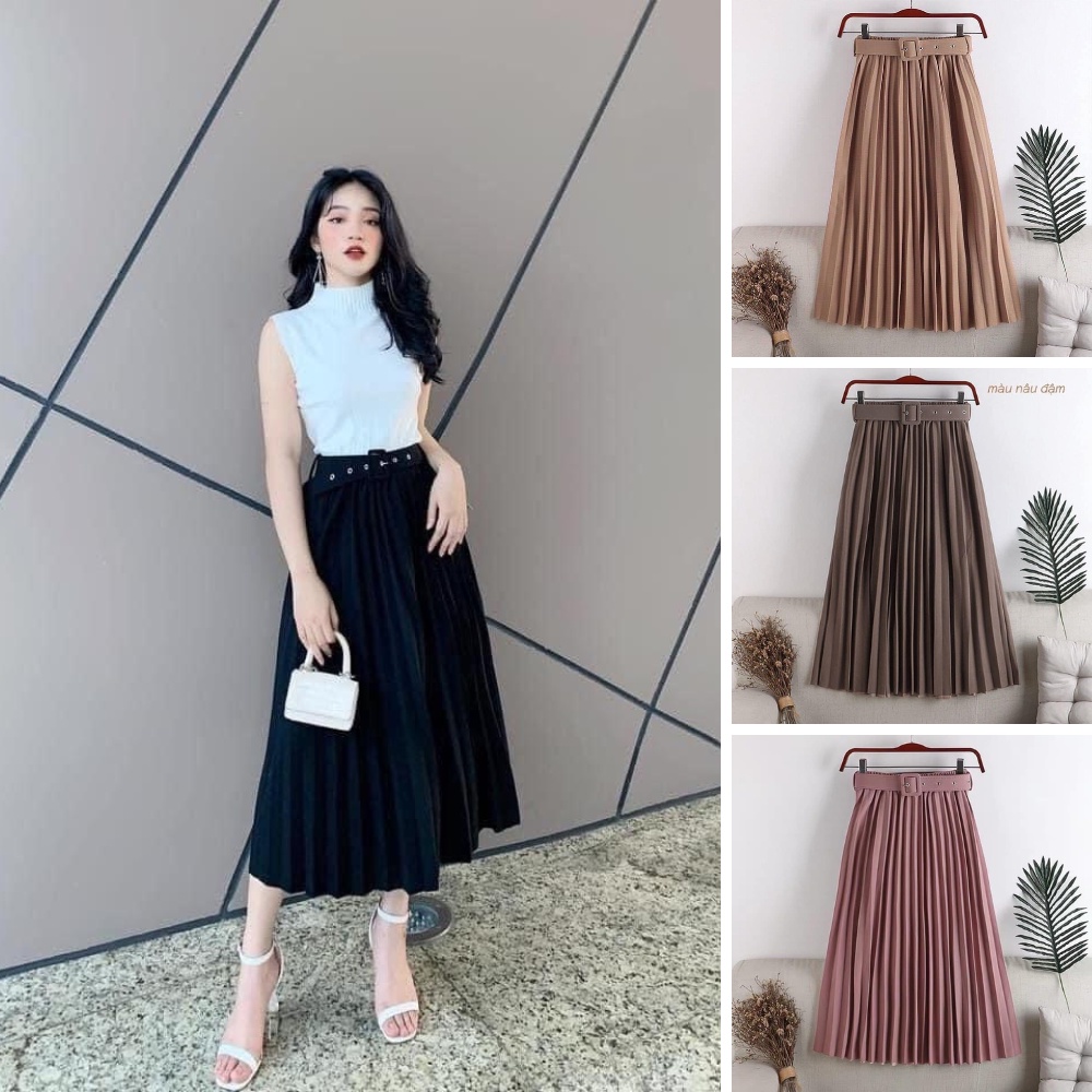 Chân váy , chân váy xếp ly nữ dài lưng cao kèm đai hàng Quảng Châu dáng xòe phong cách hàn quốc đi chơi công sở