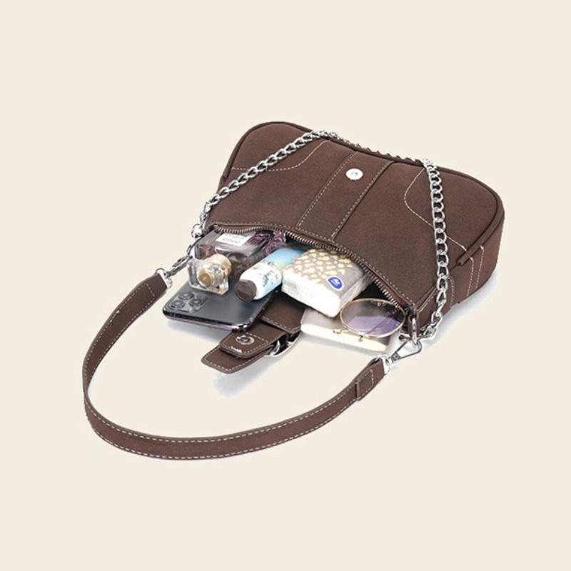 Favour Túi Xách Đeo Dưới Cánh Tay Bề Mặt Nhám Mềm Mại Phong Cách Retro Cao Cấp Phối Dây Xích Đơn Giản Thời Trang Cho Nữ