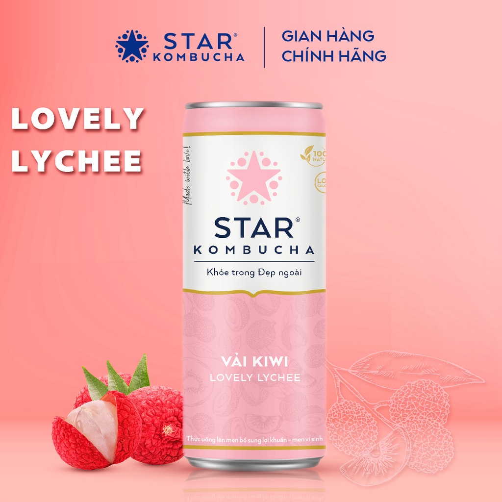 Thùng 12 lon trà lên men STAR KOMBUCHA Vải Kiwi / Lovely Lychee (250ml/lon) - Trà kombucha giảm cân chứa probiotics