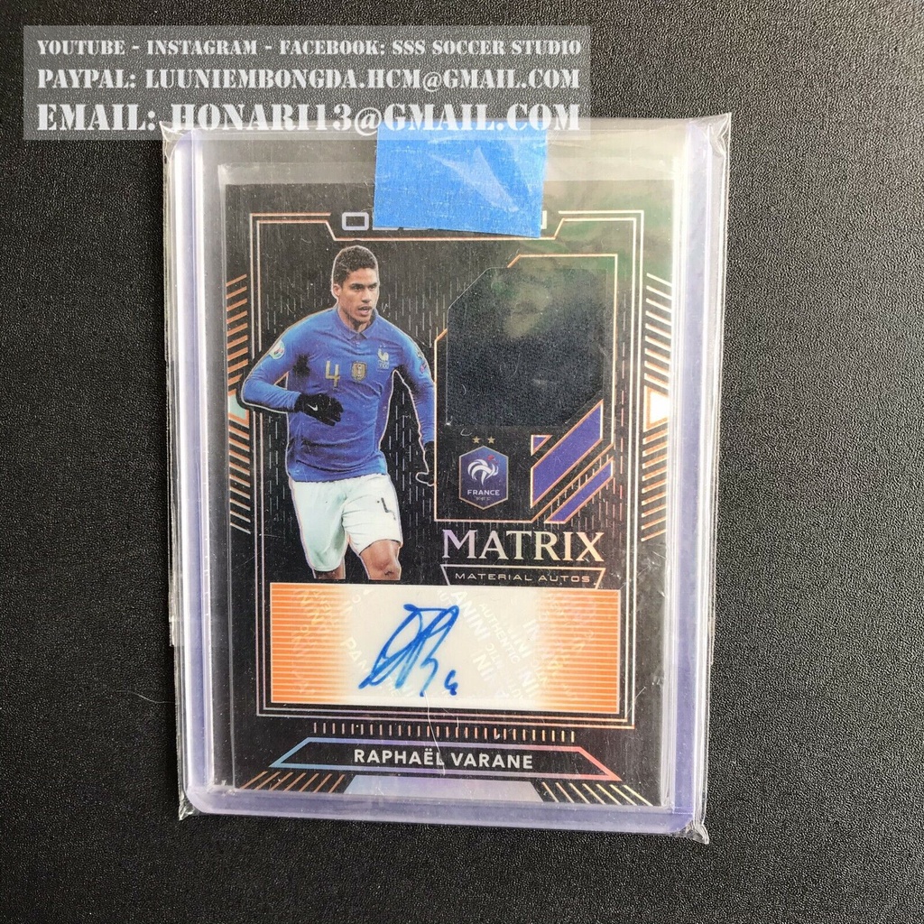 Thẻ cầu thủ chữ ký Raphael Varane /50 France Matrix Material Auto Panini 2019-20 Obsidian Soccer