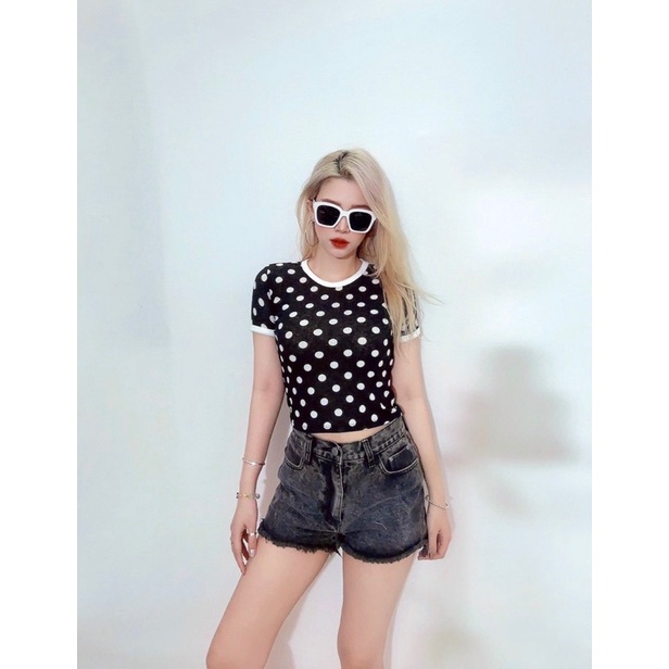 Áo croptop ôm thun bo voan nhẹ, mỏng, đen chấm bi to