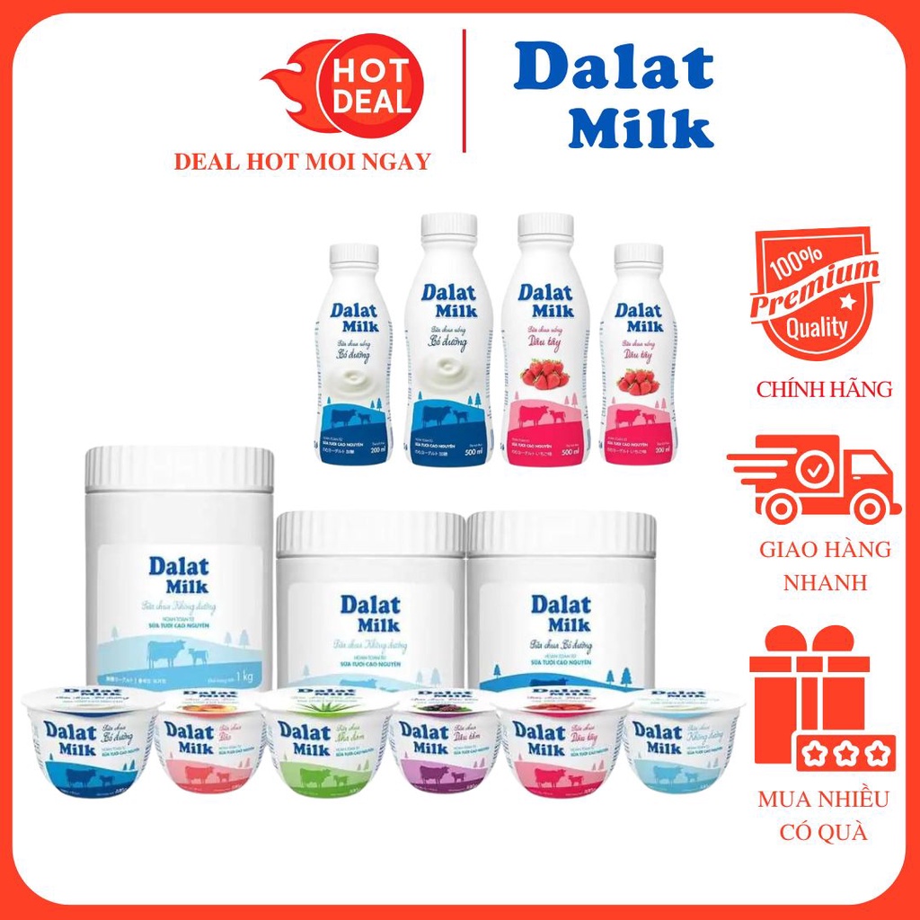 Sữa Chua Dalat Milk Vị Tự Nhiên/Có Đường/Không Đường/Dâu Tằm Đủ Size To/Nhỏ - Hàng Chính Hãng Date Xa