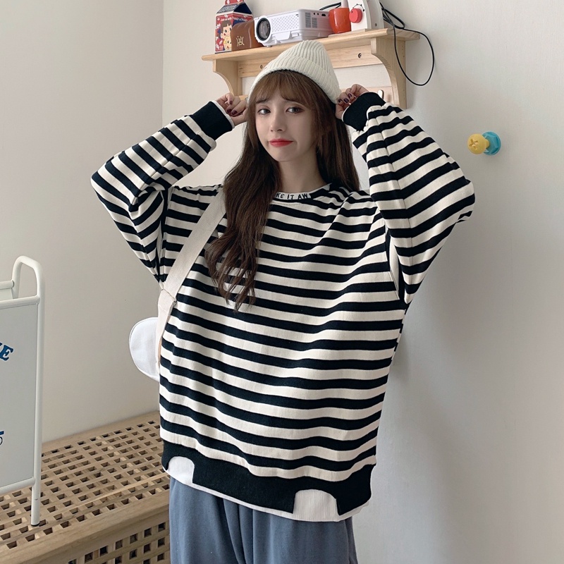 SUXI Áo Nỉ Dài Tay Sọc Ngang Thời Trang Nữ