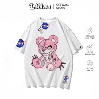 Áo thun nasa logo gấu hồng cotton tay lỡ cổ tròn nam nữ thời trang unisex Lilian Clothing