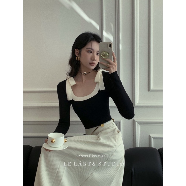 Áo Sweater Tay Dài Cổ Vuông Dáng Ôm Thắt Nơ Phối Màu Tương Phản Kiểu Hàn Quốc