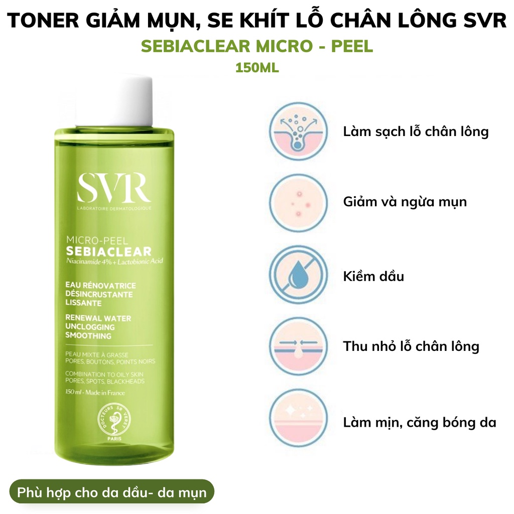 Toner SVR Sebiaclear Micro Peel Làm Giảm Mụn Cho Da Dầu Mụn Và Da Nhạy Cảm 150ml