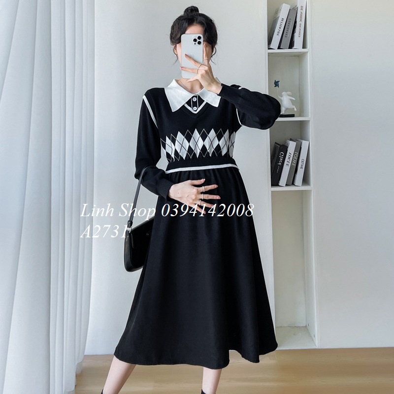 Váy  Đầm LEN A2731 đen trám cổ trắng