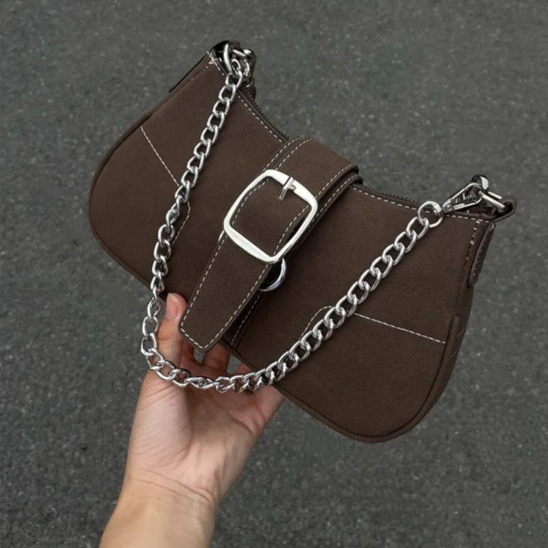 Favour Túi Xách Đeo Dưới Cánh Tay Bề Mặt Nhám Mềm Mại Phong Cách Retro Cao Cấp Phối Dây Xích Đơn Giản Thời Trang Cho Nữ