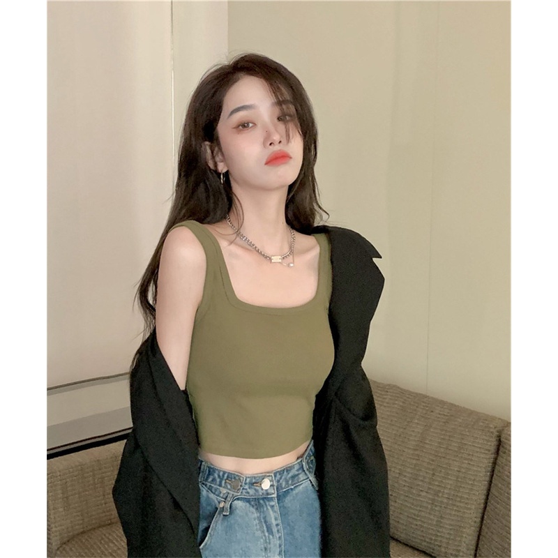 NRVP Áo tanktop co giãn phong cách Hàn Quốc với đệm ngực