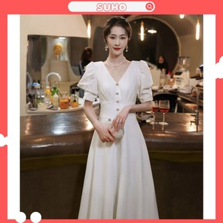 Váy trắng cổ vuông trắng dự tiệc trắng dài SUHO VD004
