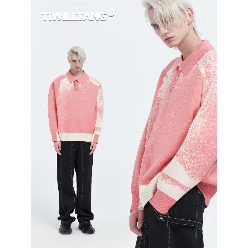 Áo Sweater Dệt Kim Tay Dài Màu Hồng Trắng Gradient