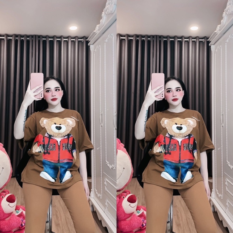 Set áo form rộng in hình gấu hoa kèm quần legging 9 tấc , chất cotton borip mềm, mịn, không  xù. Ảnh và video thật