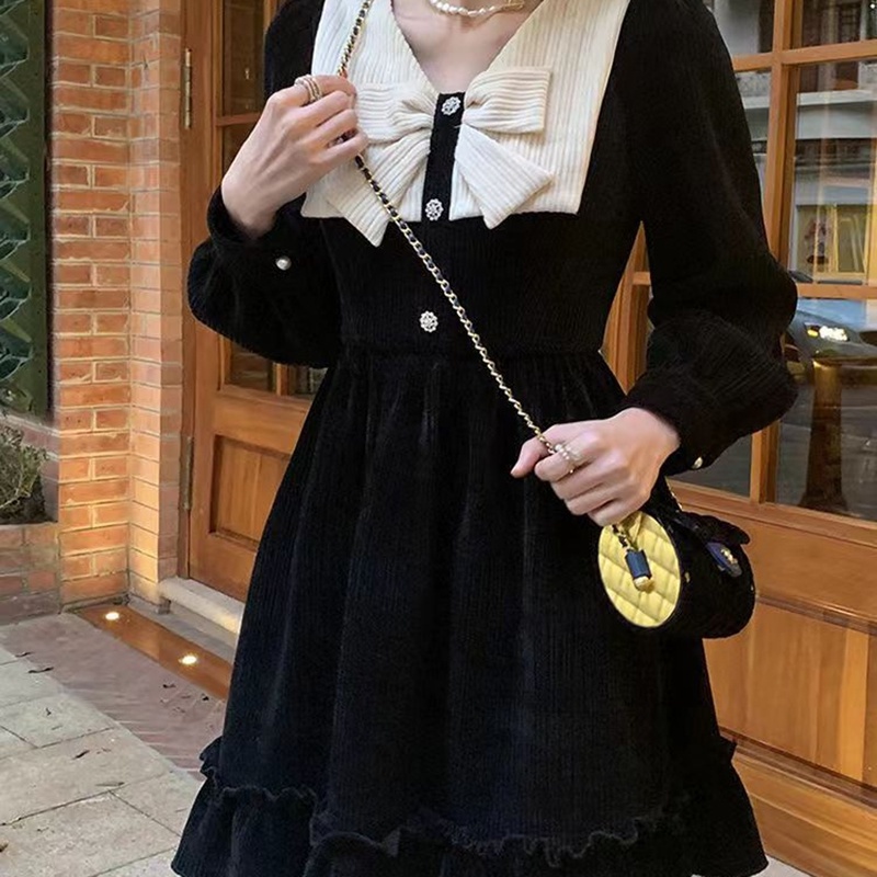 IELGY IELGY Đầm Đen Thắt Nơ Phong Cách Pháp Cổ Điển Cho Nữ