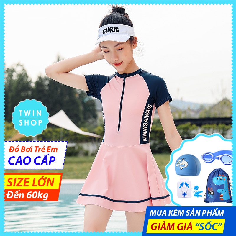 Đầm Bơi Bé Gái Lớn Twin, Đồ Bơi Thiếu Nữ Kiểu Váy Liền Xinh Xắn, Chất Liêu Vải Co Giản Cao Cấp, Size Lớn Cao 1.6m
